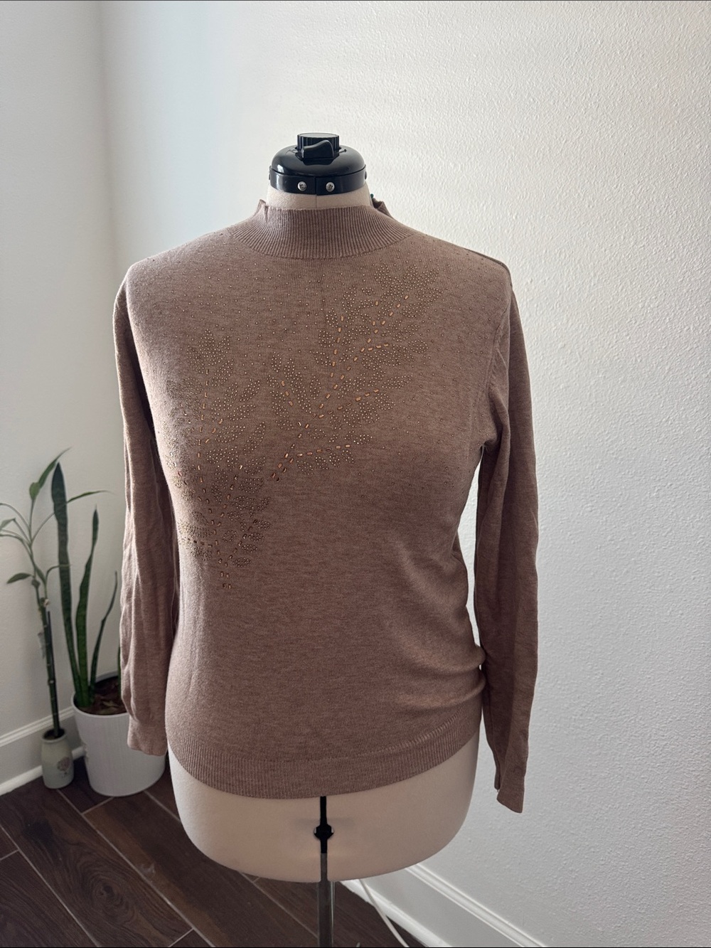 Light Brown Crewneck Sweater with Subtle Rhinestone Detail